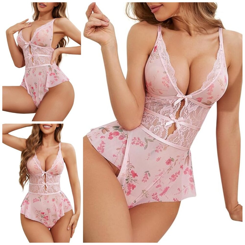 Lilosy Sexy Bows Floral Lace Mesh Babydoll Lingerie Romper